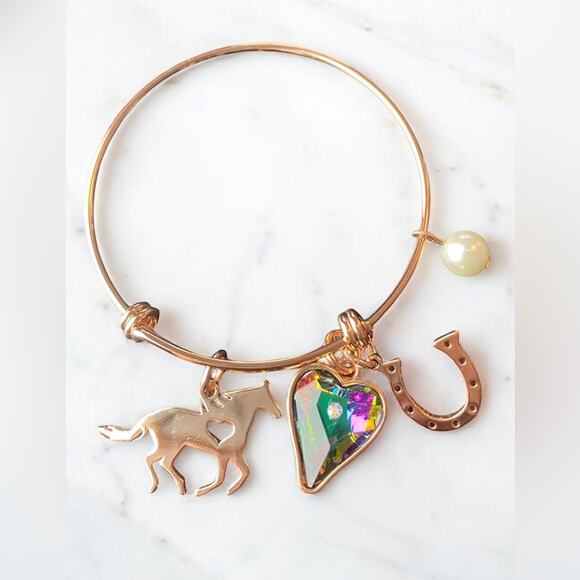 Rose Gold Bangle Charm Bracelet Horse/Heart/Horseshoe/Pearl NIB - Picture 1 of 6